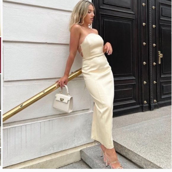ZARA CHAMPAGNE SATIN EFFECT STRAPLESS TIE UP STRAPPY BACK MIDI MAXI DRESS $129.9 - Picture 3 of 17